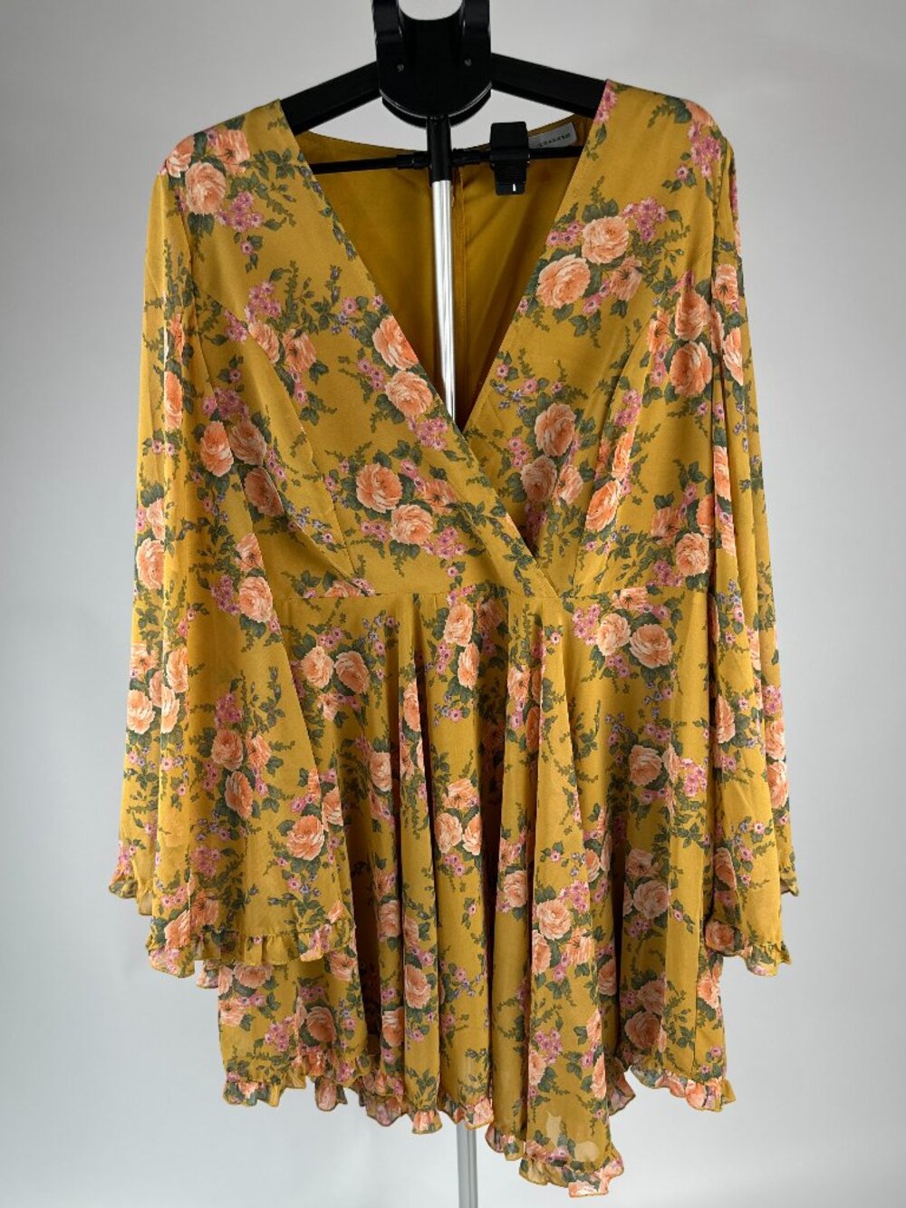Rebdolls Mustard Floral Boho Dress XL Flowy Bell Sleeve Mini